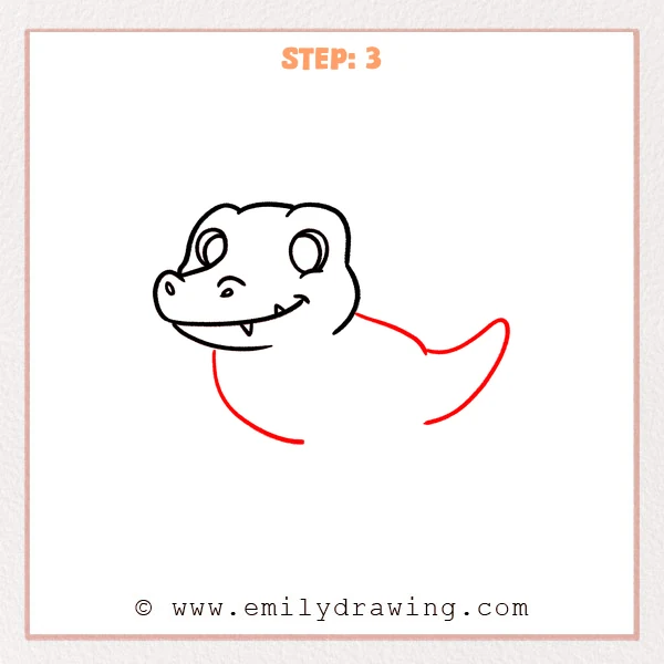 how to draw a cartoon alligator - Cartoon alligator with a completed head and a newly added long curved body outline leading into a pointed tail, with the underside still open.